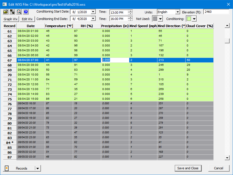 Weather stream editor showing end of conditioning period and edit of preciptation field.