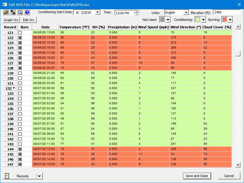 Farsite WXS editor showing two burn periods.
